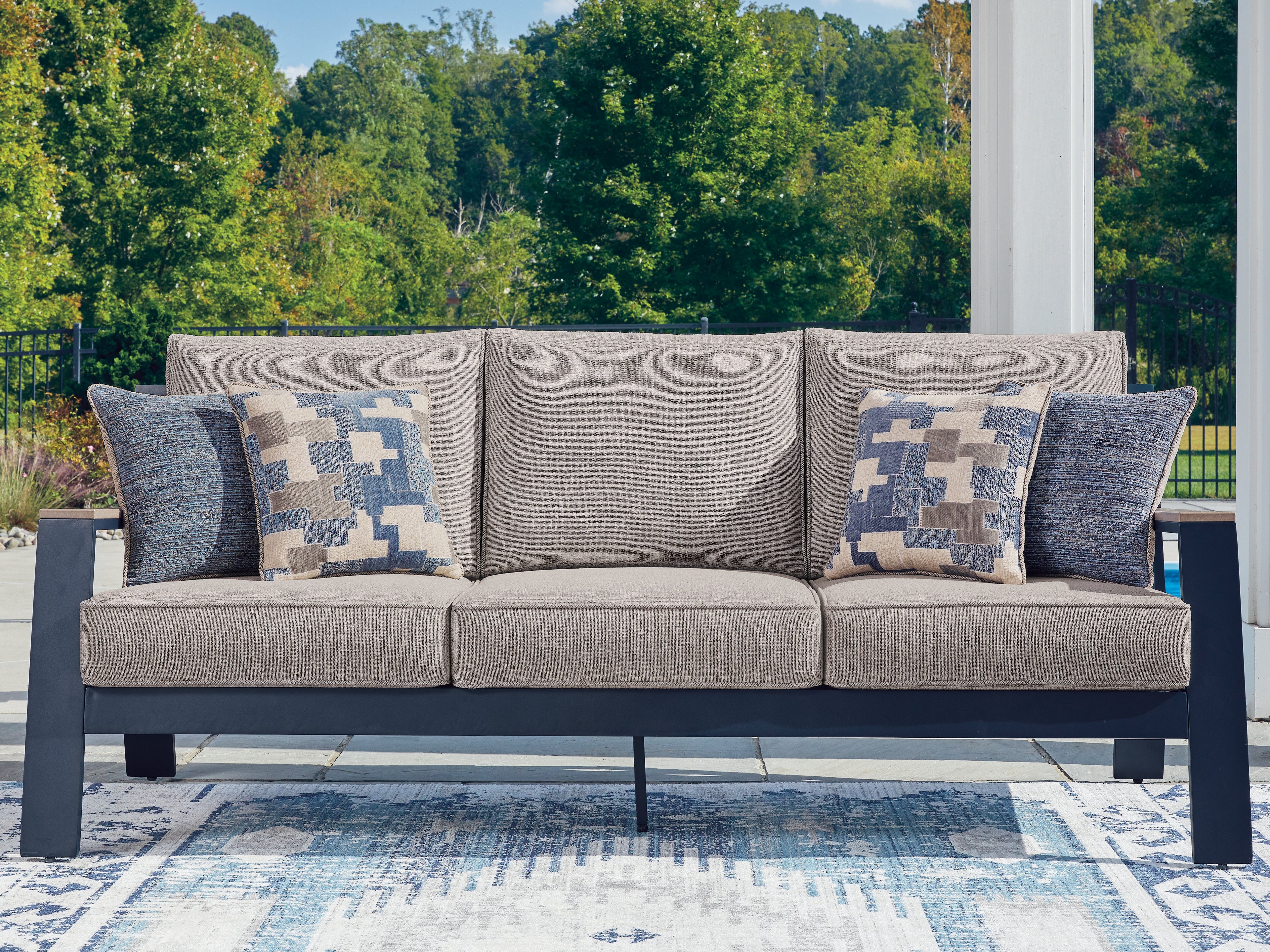 Leasing Furniture - Ashley Furniture - East Beach Outdoor - Sofa with Cushion / Navy Blue/Driftwood - PCP587-838