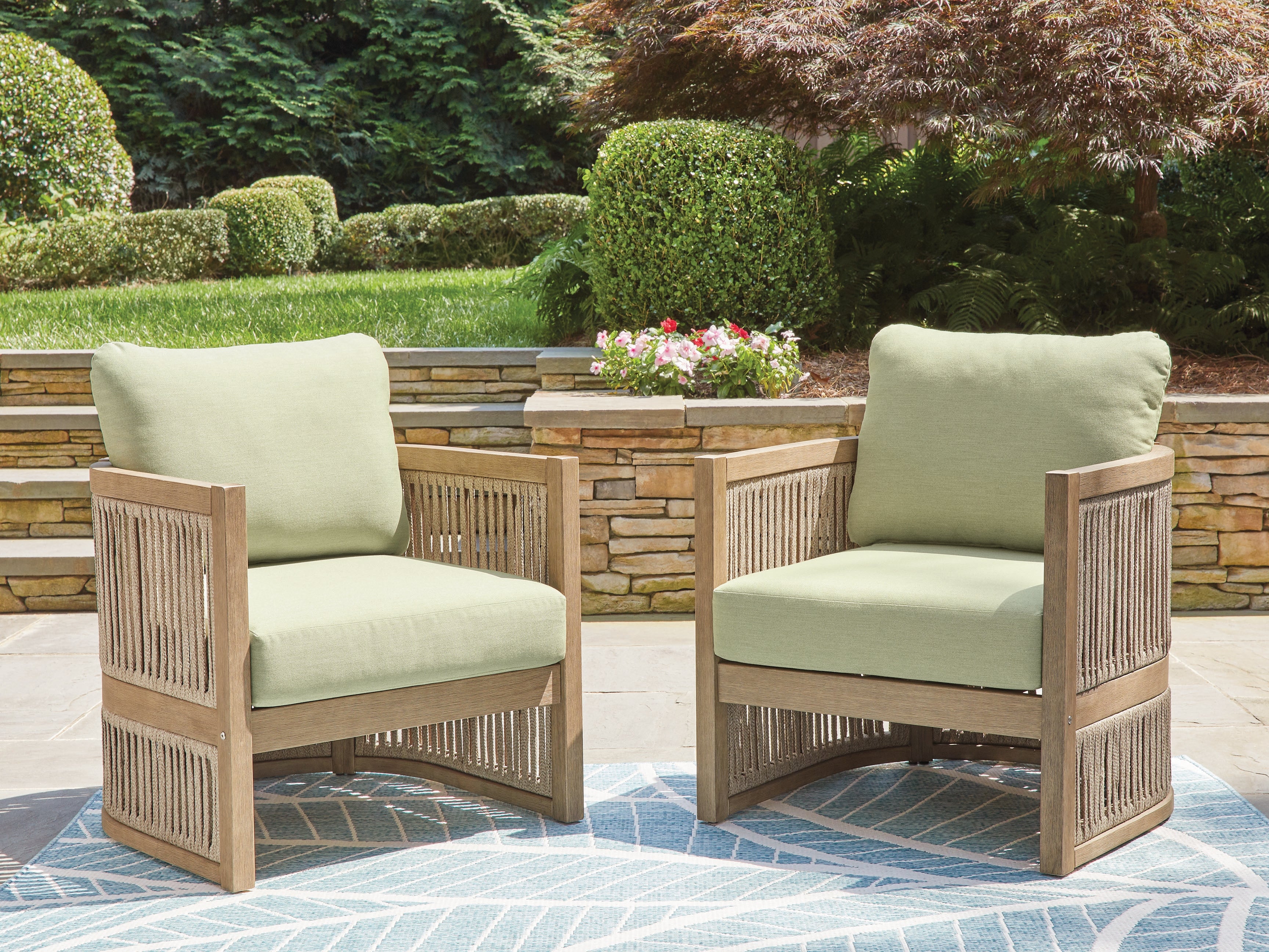 Leasing Furniture - Ashley Furniture - Serena Shores Outdoor - Lounge Chair w/Cushion (Set of 2) / Beige/Green - PCP604-820