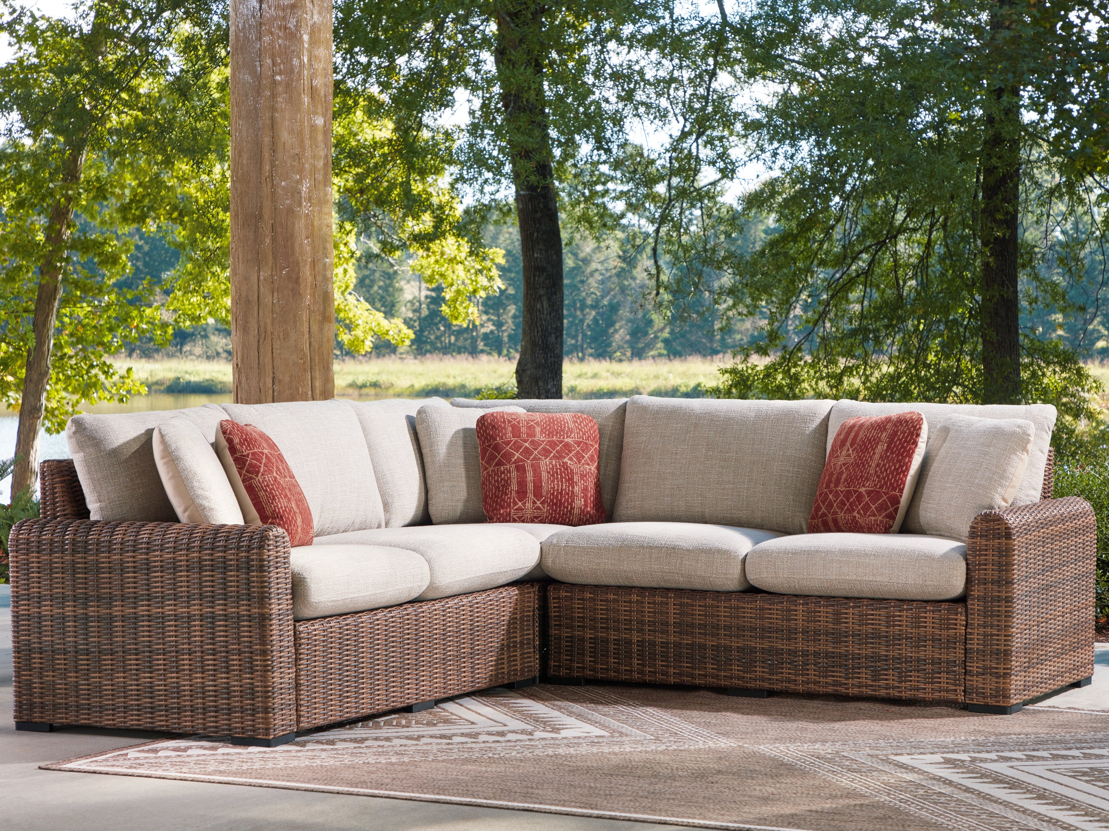 Leasing Furniture - Ashley Furniture - Dolan Creek Outdoor - 3-Piece Outdoor Sectional / Beige/Brown - PCP610P1