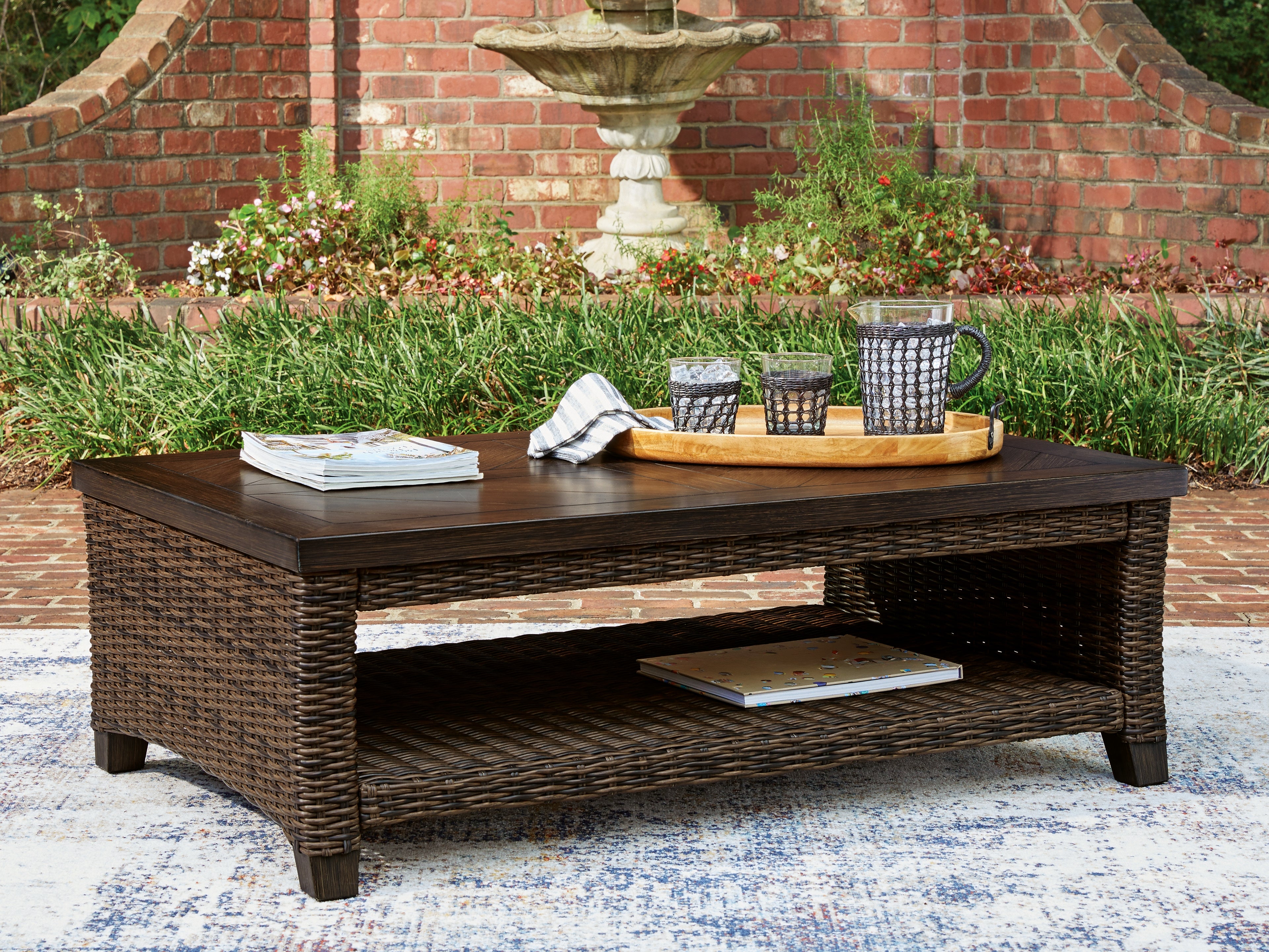 Leasing Furniture - Ashley Furniture - Monterey Point Outdoor - Rectangular Cocktail Table / Dark Brown - PCP760-701