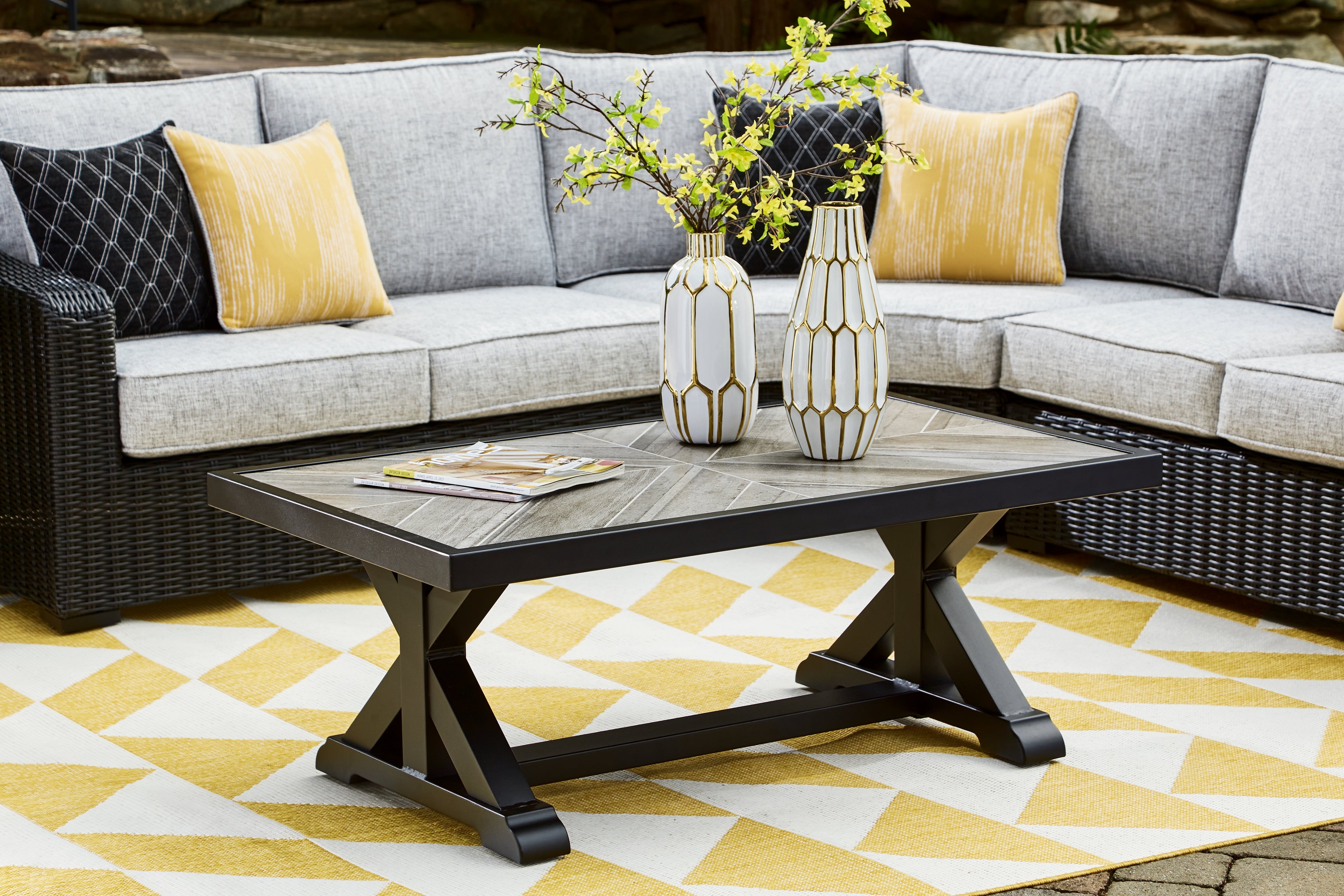 Leasing Furniture - Ashley Furniture - Beachcroft Outdoor - Rectangular Cocktail Table / Black/Light Gray - P792-701