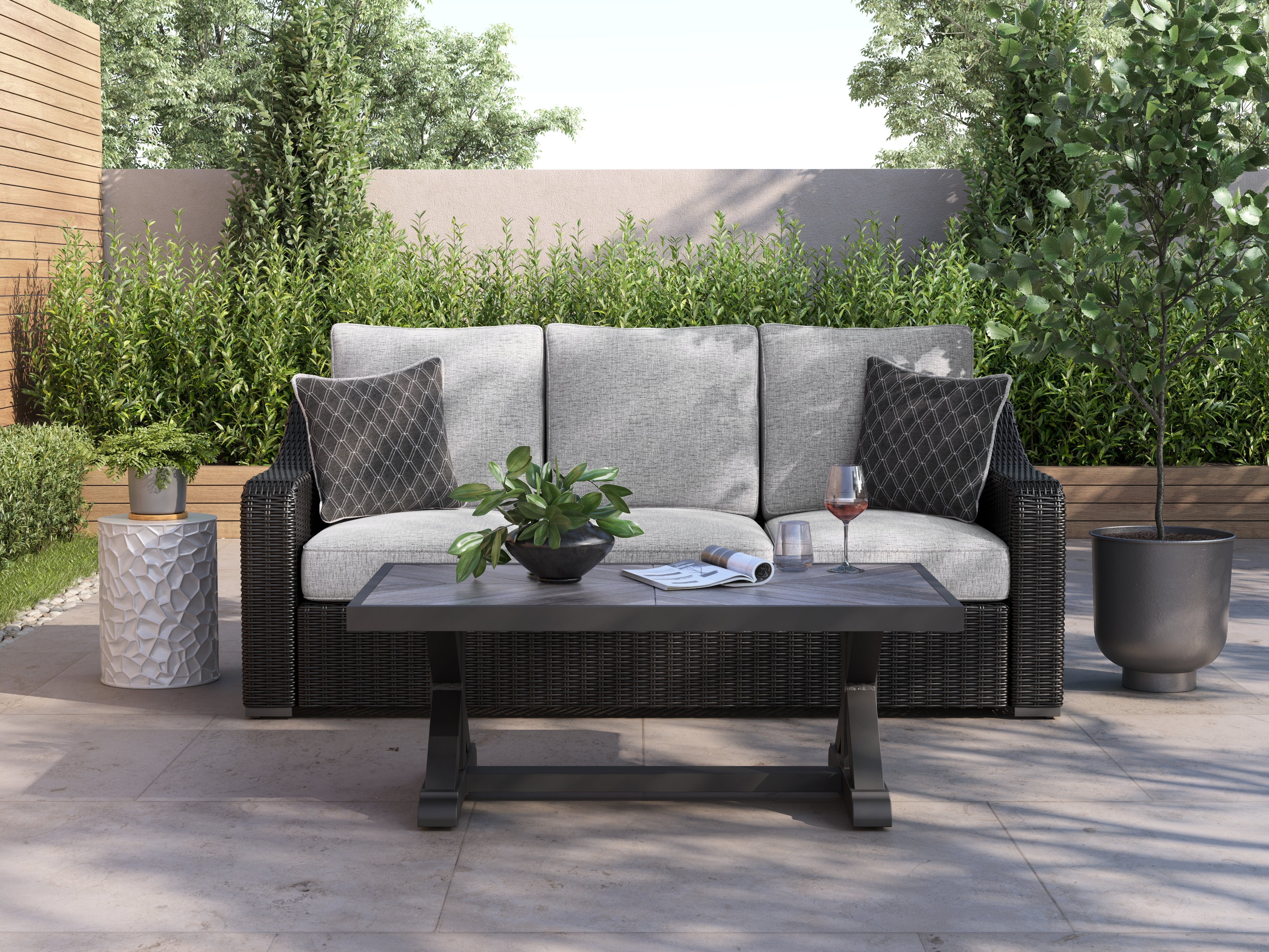 Leasing Furniture - Ashley Furniture - Beachcroft Outdoor - Sofa with Cushion / Black/Light Gray - P792-838