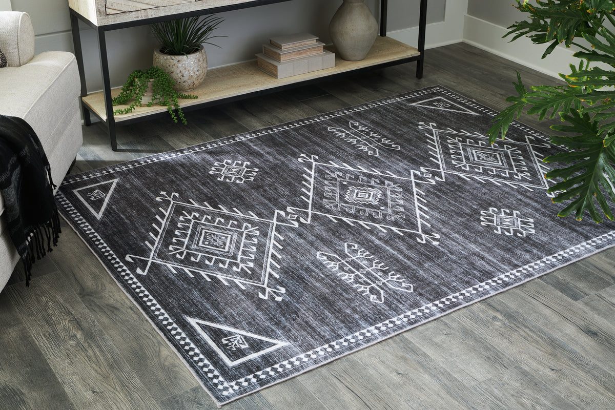 Leasing Furniture - Ashley Furniture - Arloman Rug - 5' x 7' Washable Rug / Black/Cream/Gray - R405932