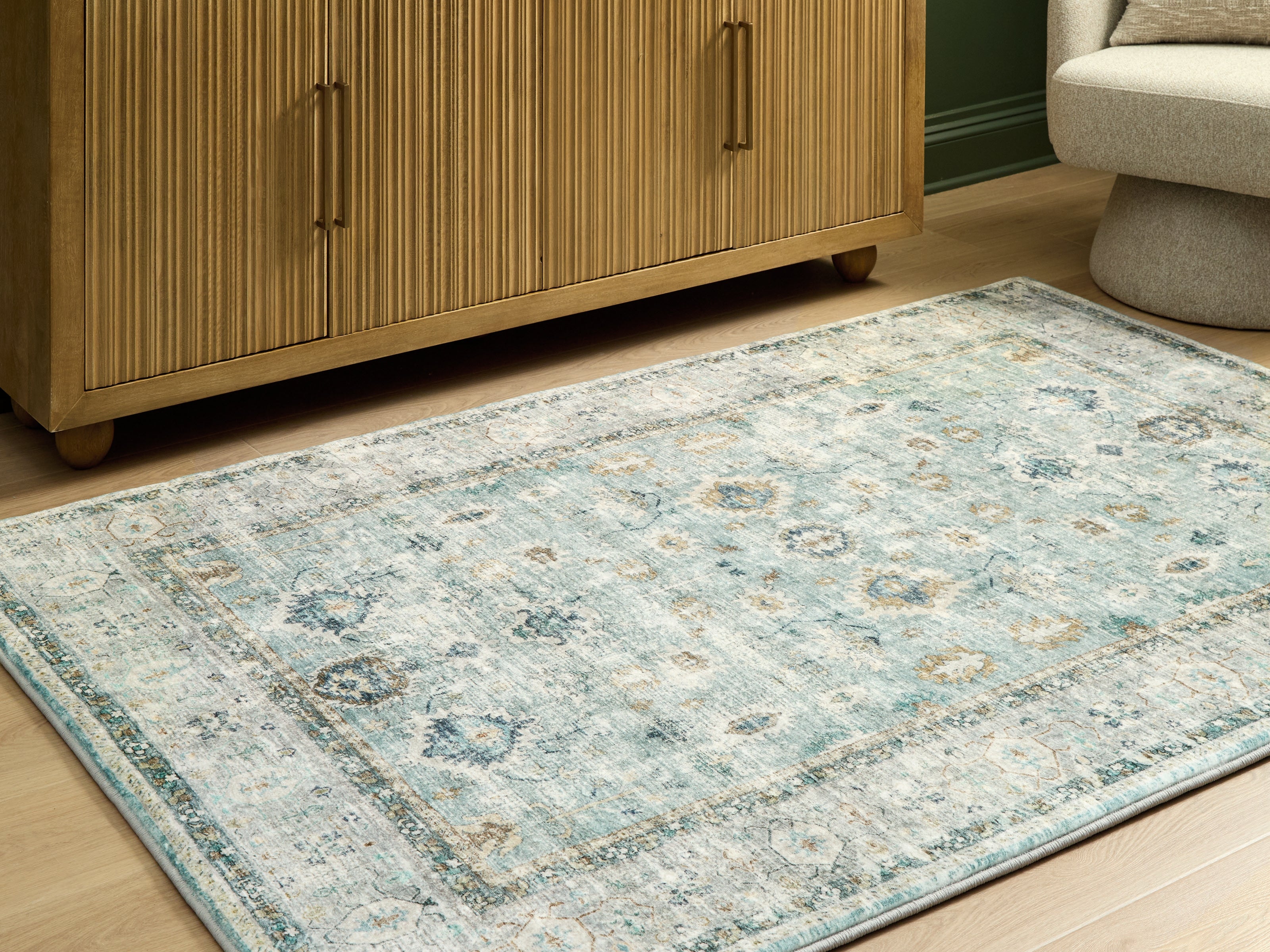 Leasing Furniture - Ashley Furniture - Ladstoney Rug - 5' x 7' Area Rug / Teal/Beige/Ochre - R407502