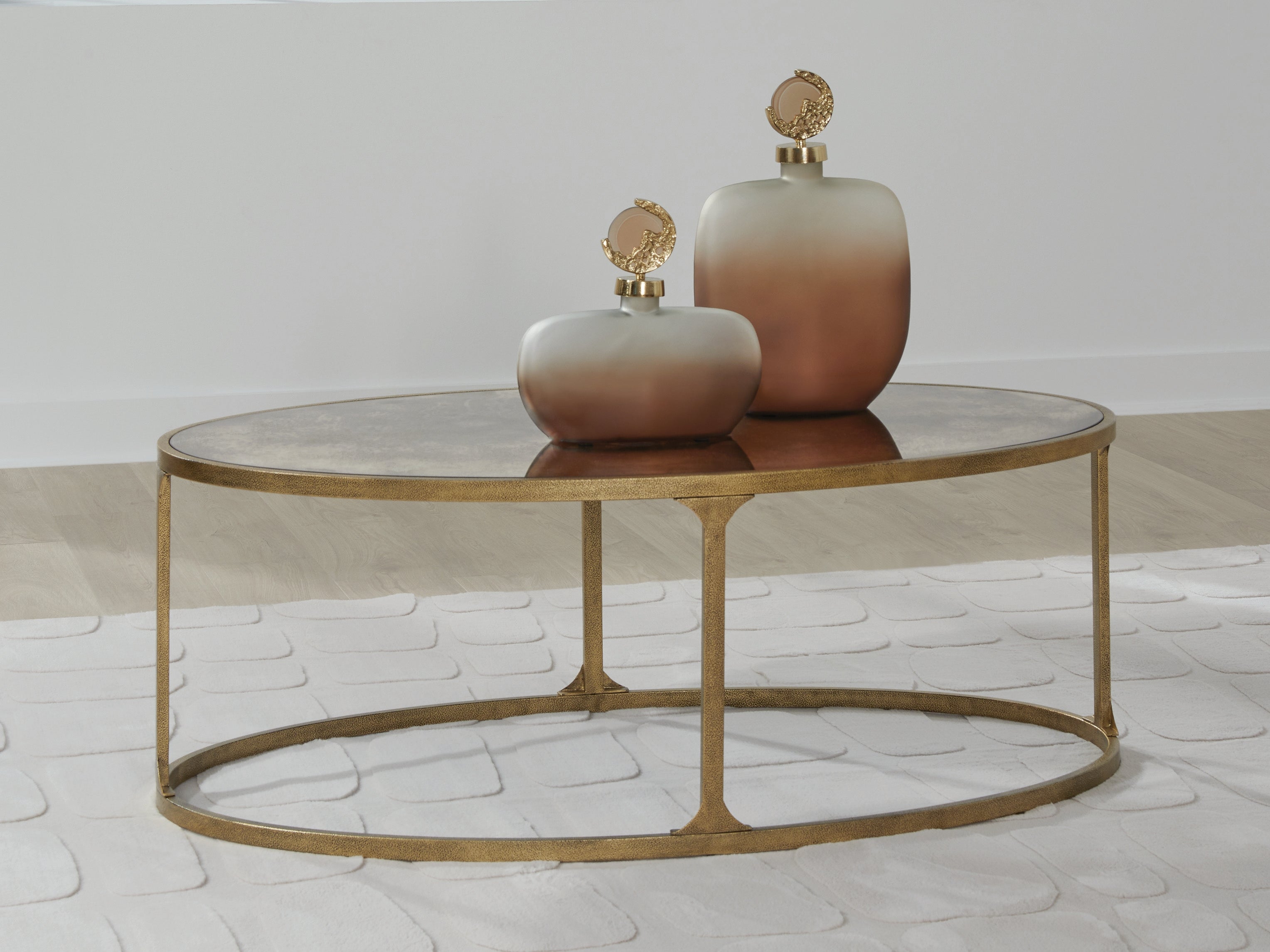 Leasing Furniture - Ashley Furniture - Korajane Coffee Table - Oval Cocktail Table / Antique Gold - T399-0