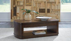 Leasing Furniture - Ashley Furniture - Korestone Lift-Top Coffee Table - Lift Top Cocktail Table / Dark Brown - T679-9