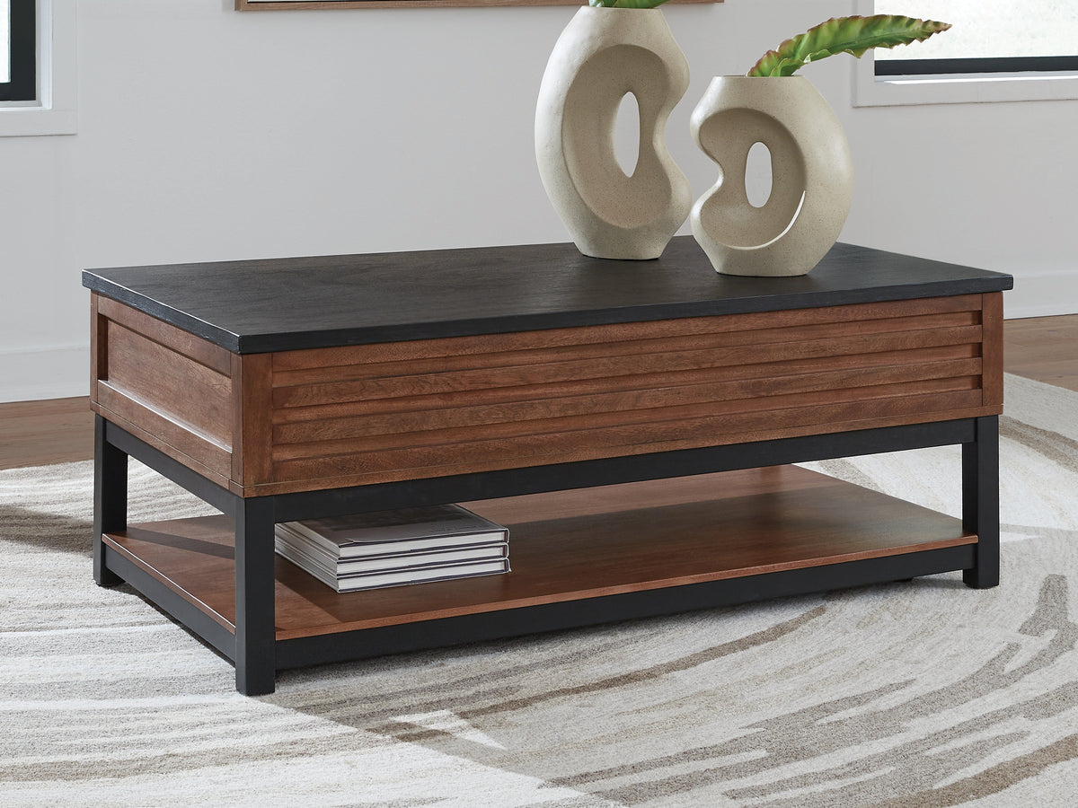 Leasing Furniture - Ashley Furniture - Kallari Lift-Top Coffee Table - Lift Top Cocktail Table / Warm Brown/Black - T737-9