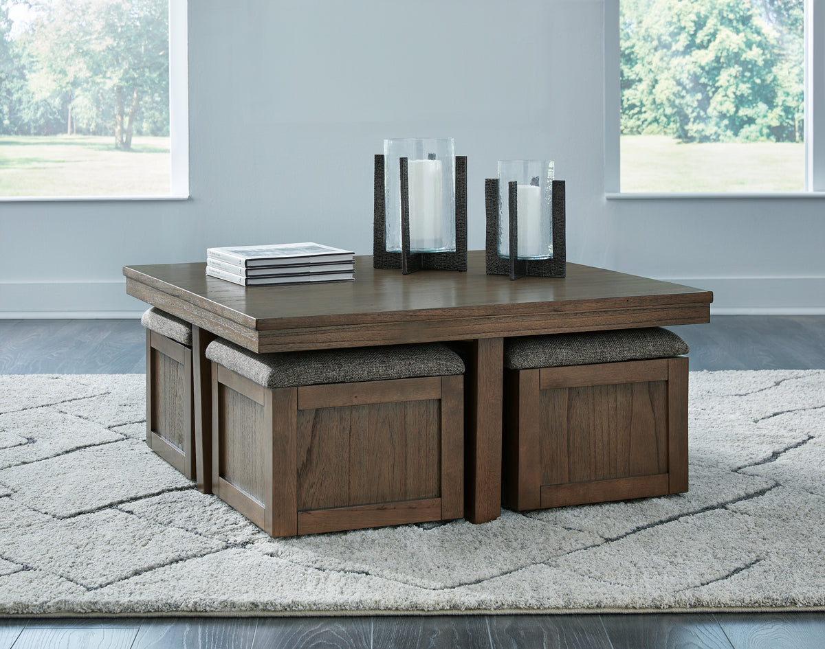 Leasing Furniture - Ashley Furniture - Boardernest Coffee Table with 4 Stools - Cocktail TBL w/4 Stools (5/CN) / Brown - T738-20