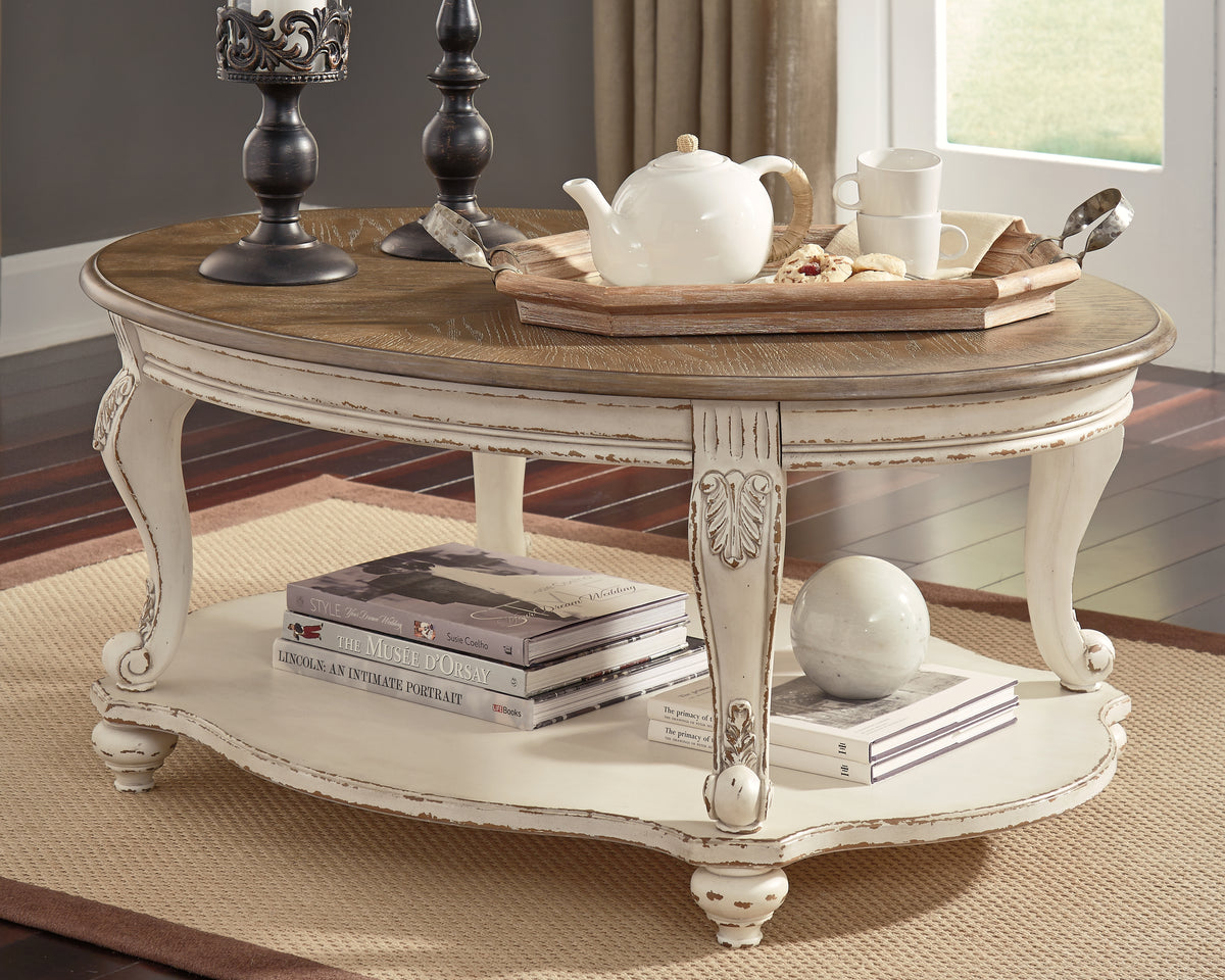 Leasing Furniture - Ashley Furniture - Realyn Coffee Table - Oval Cocktail Table / White/Brown - T743-0