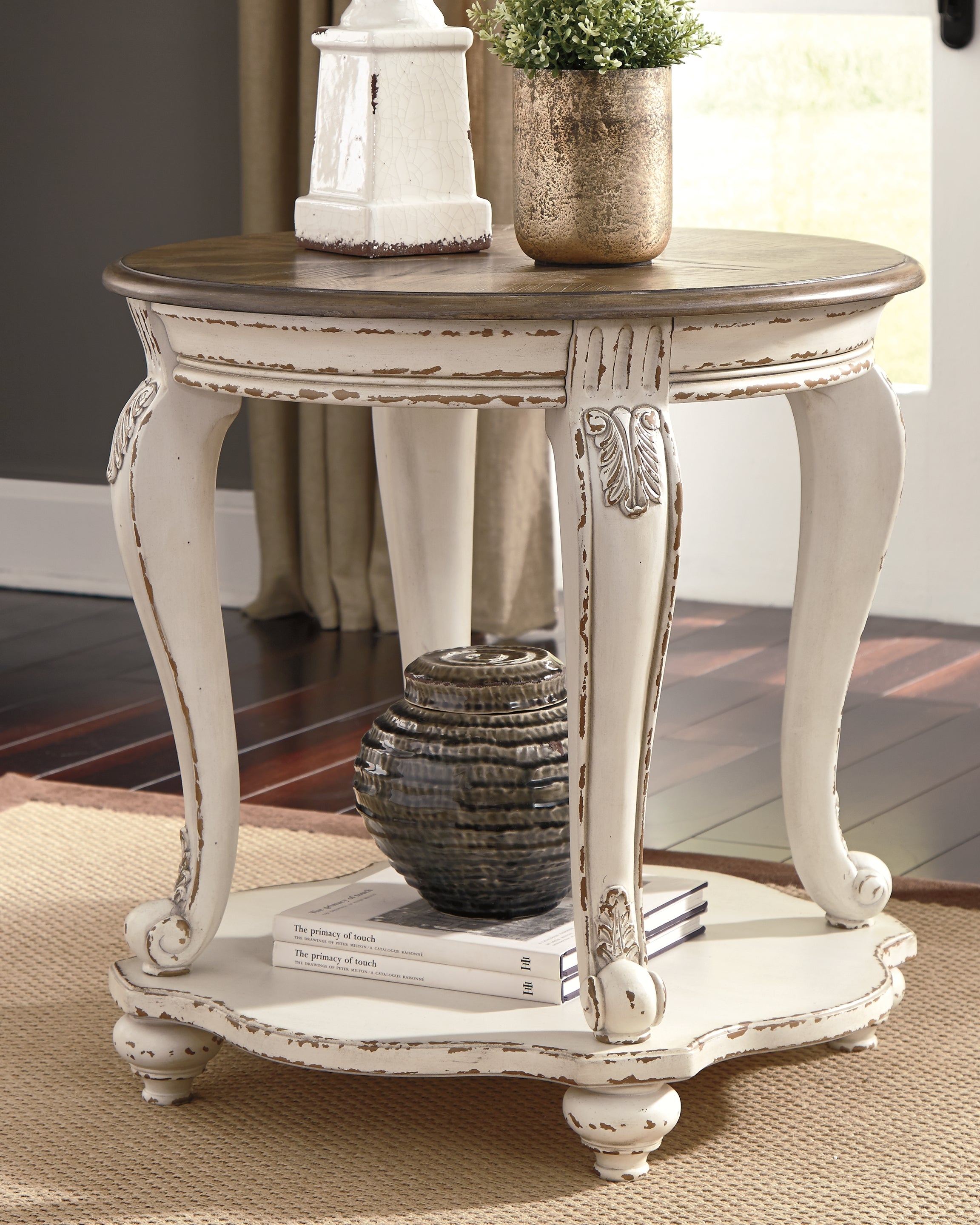 Leasing Furniture - Ashley Furniture - Realyn End Table - Round End Table / White/Brown - T743-6
