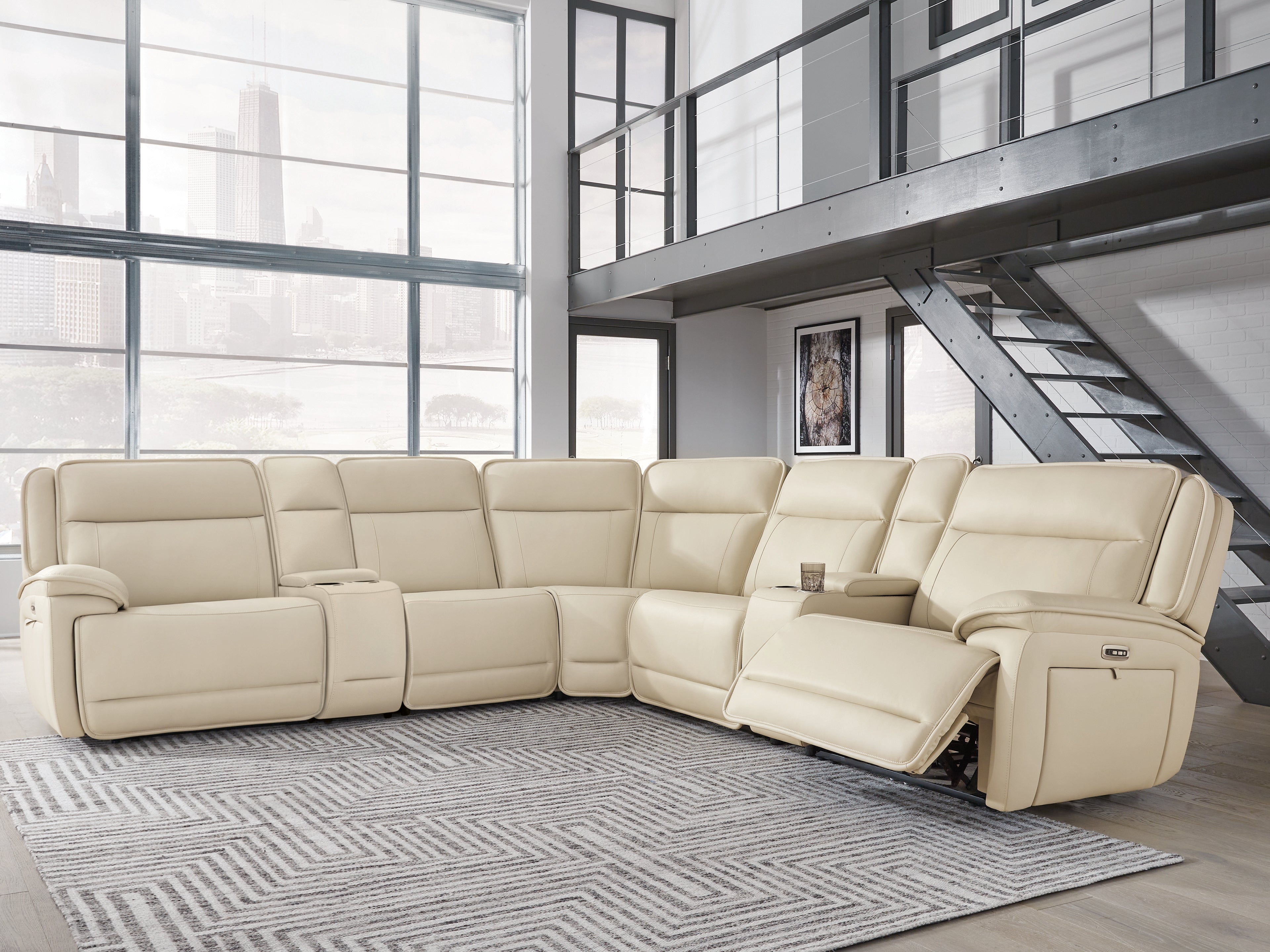 Leasing Furniture - Ashley Furniture - Double Deal Sectional - 7-Piece Reclining Sectional with 2 Consoles / Almond - U13001S9