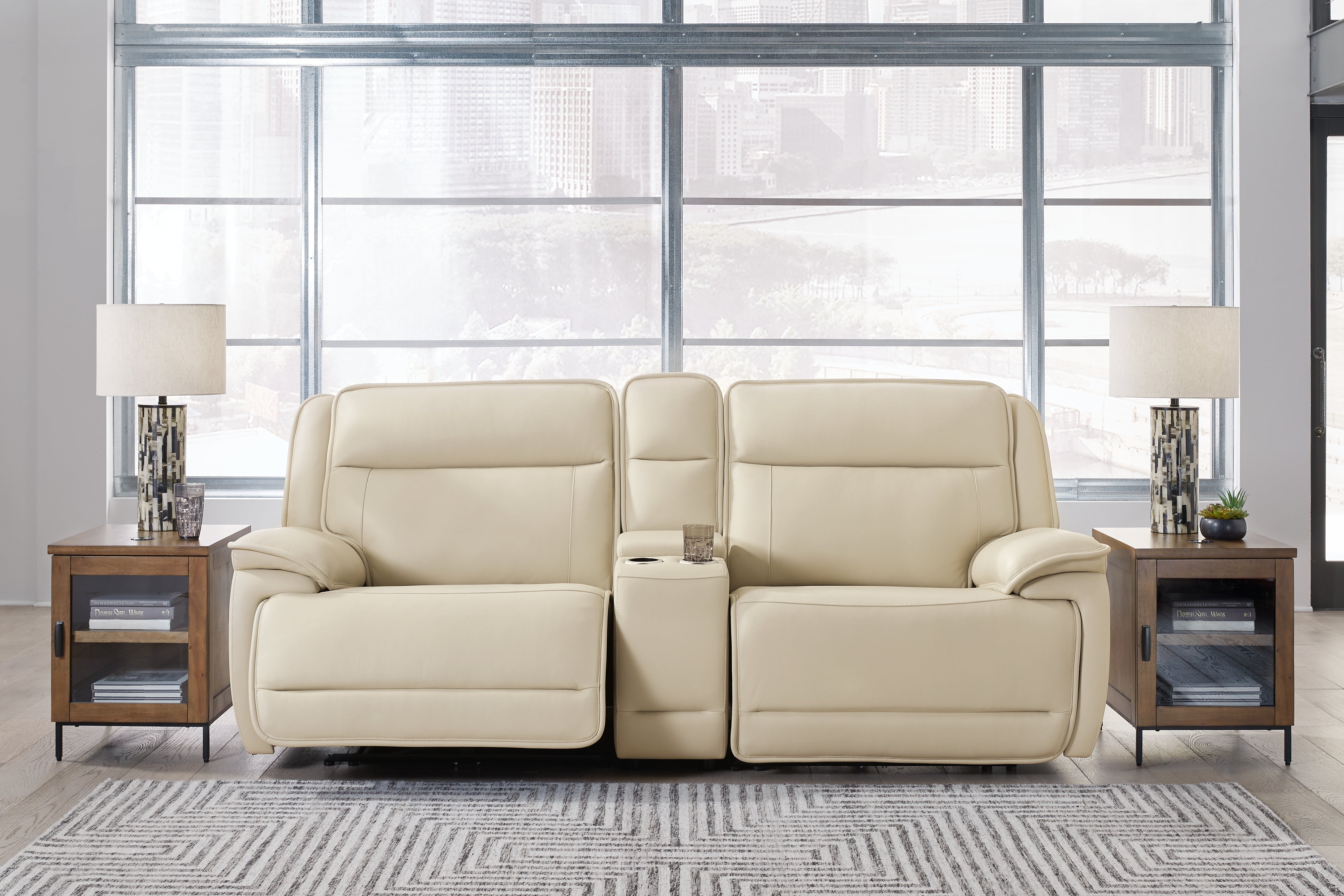 Leasing Furniture - Ashley Furniture - Double Deal Sectional - 3-Piece Power Reclining Loveseat Sectional with Console / Almond - U13001S4