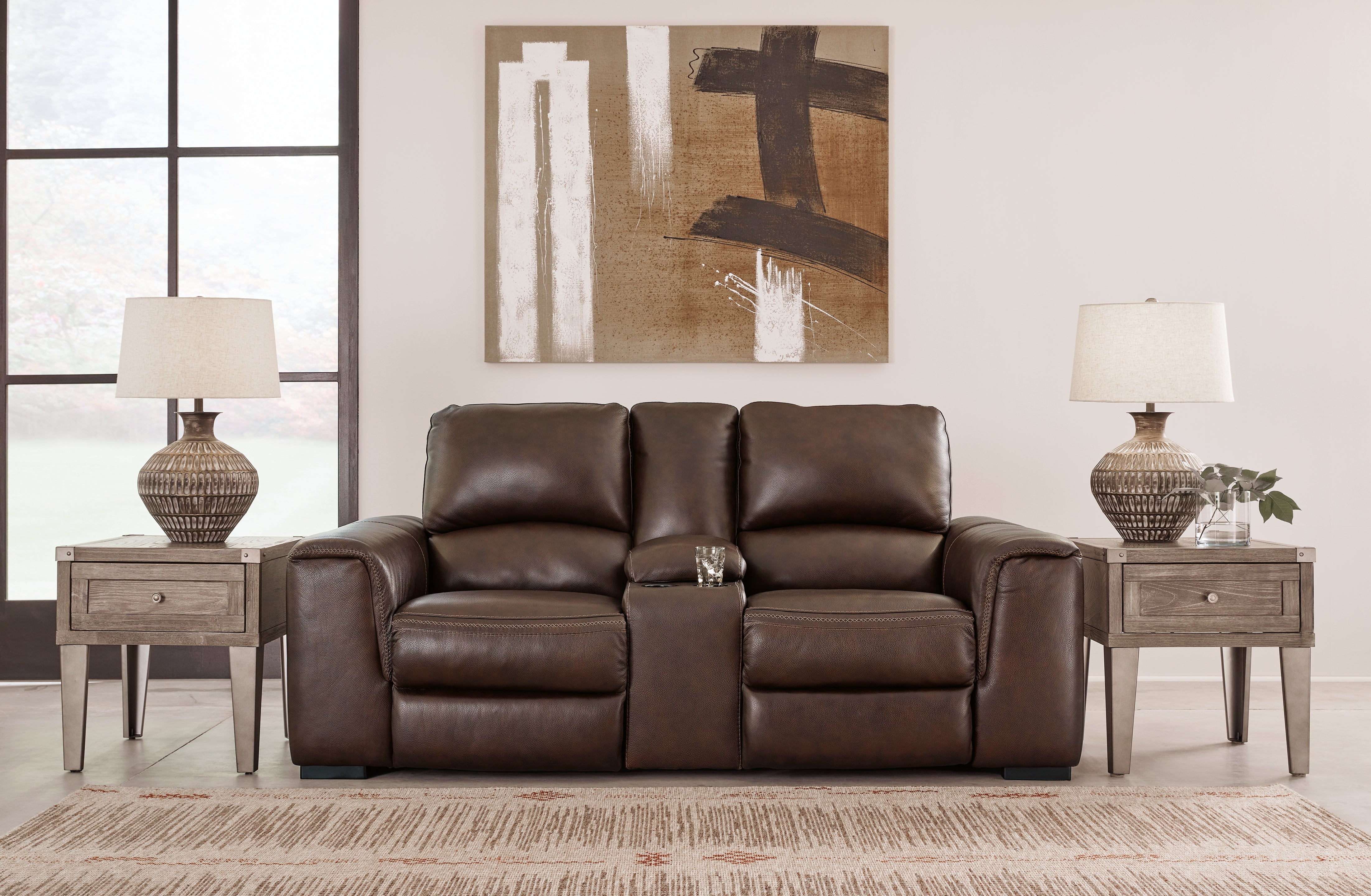 Leasing Furniture - Ashley Furniture - Alessandro Living Room - PWR REC Loveseat/CON/ADJ HDRST / Walnut - U2550218