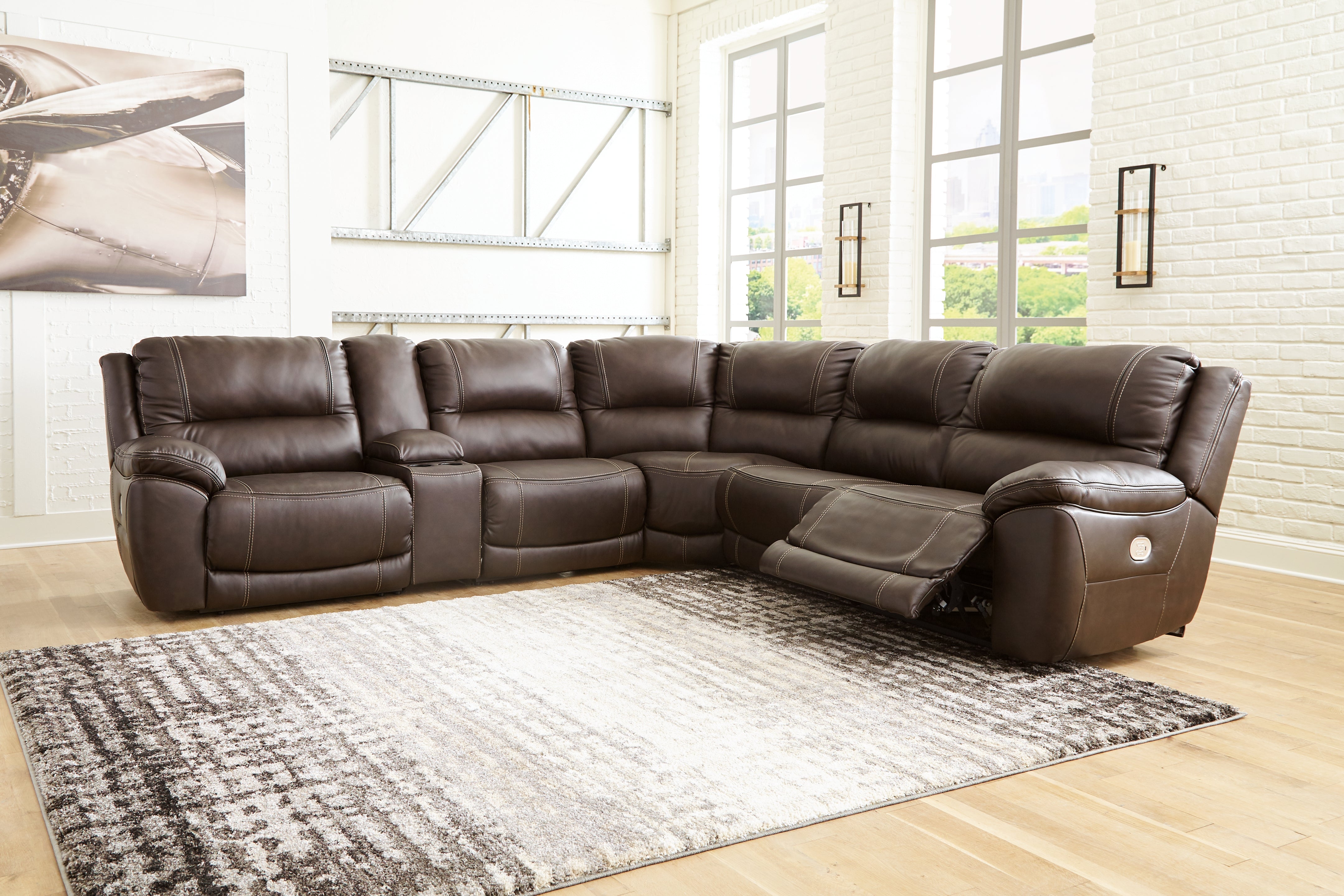 Leasing Furniture - Ashley Furniture - Dunleith Sectional - 3-Piece Power Reclining Loveseat with Console / Chocolate - U71604S4
