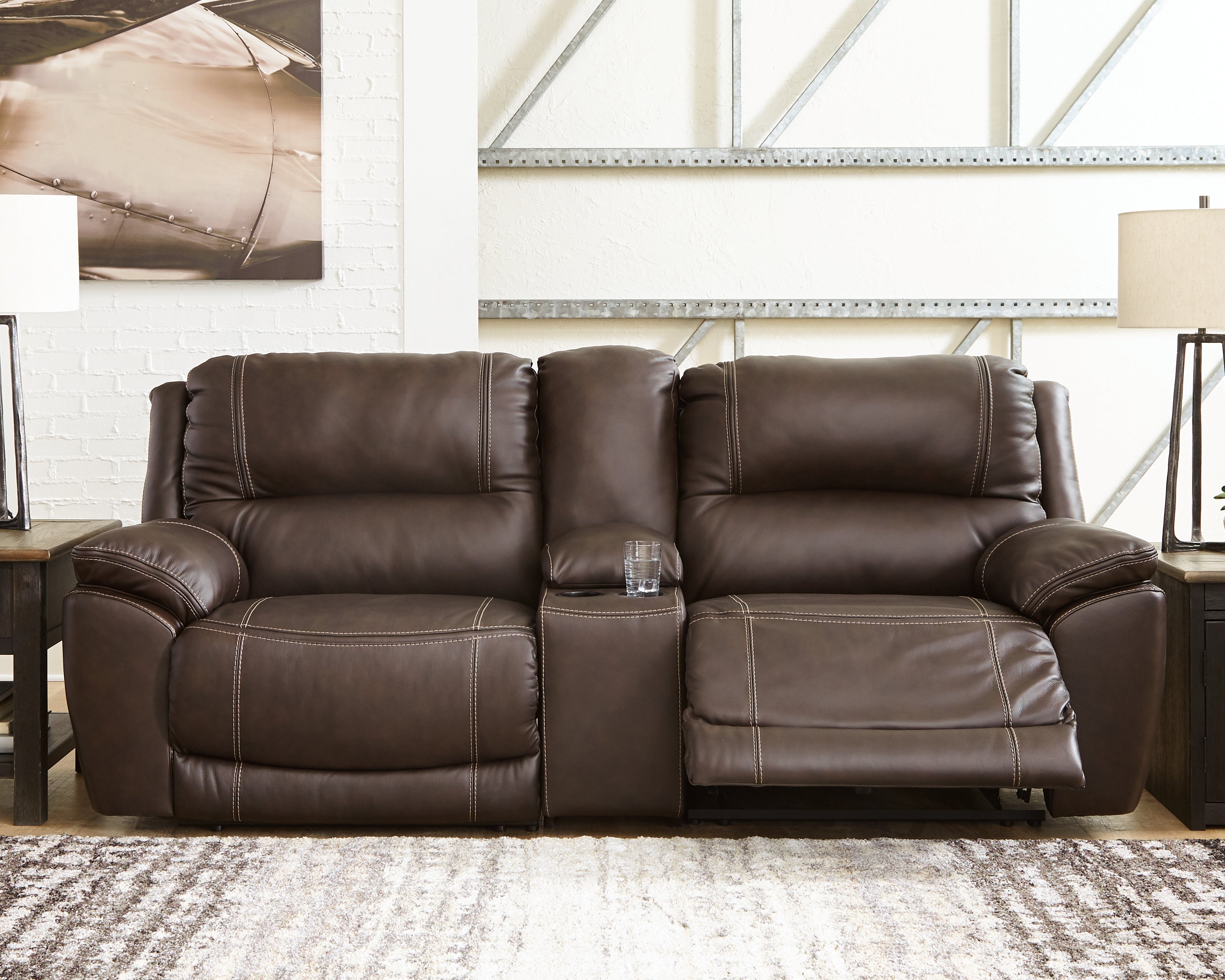 Leasing Furniture - Ashley Furniture - Dunleith Sectional - 3-Piece Power Reclining Loveseat with Console / Chocolate - U71604S4