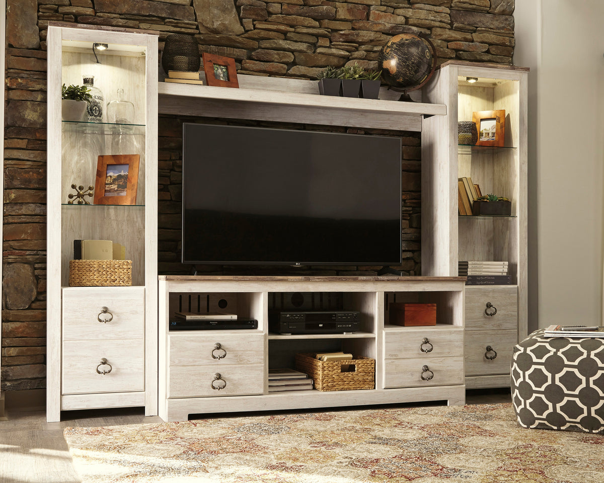 Leasing Furniture - Ashley Furniture - Willowton Entertainment Center - 4-Piece Entertainment Center / Whitewash - W267W3