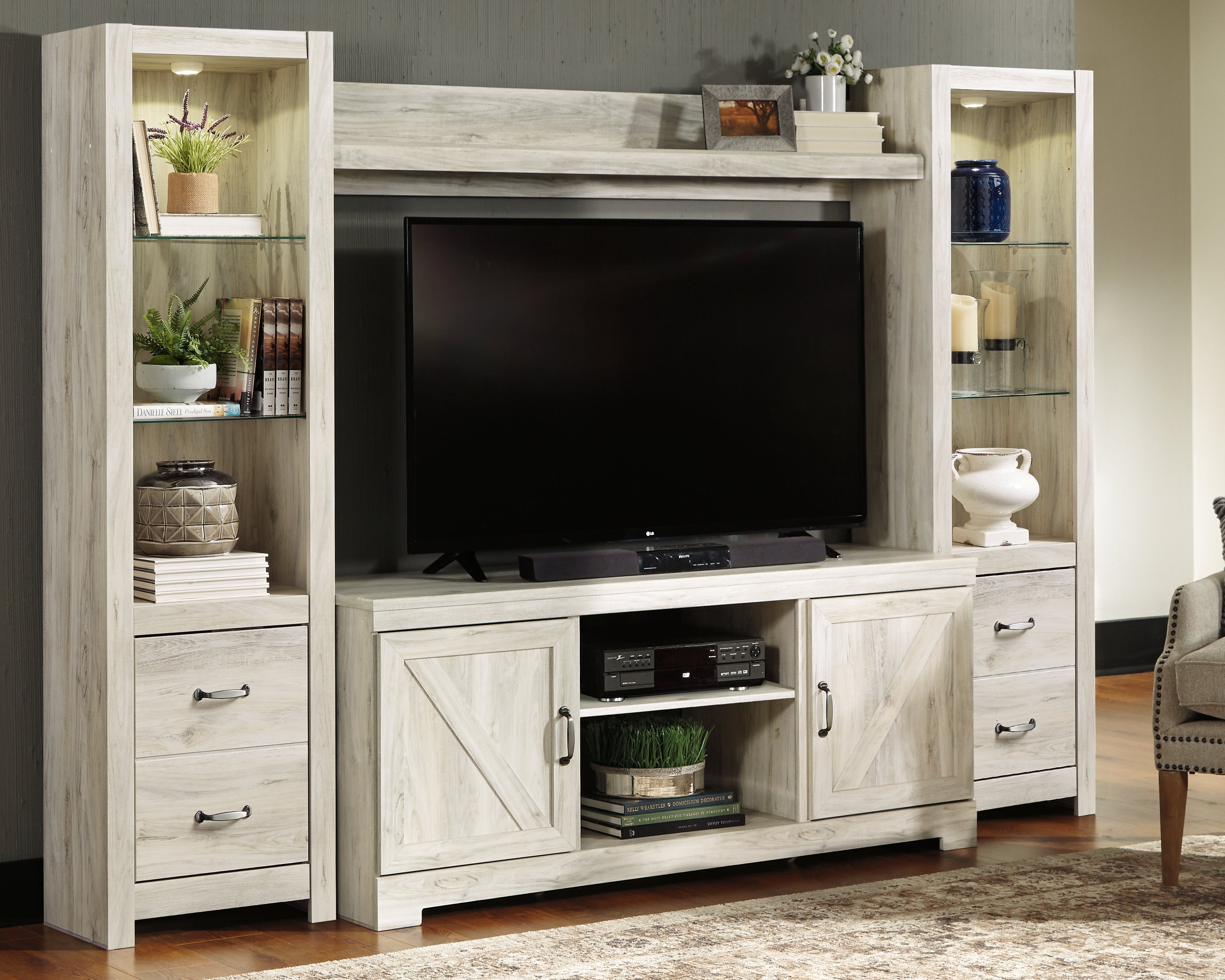 Leasing Furniture - Ashley Furniture - Bellaby Entertainment Center - 4-Piece Entertainment Center / Whitewash - W331W2