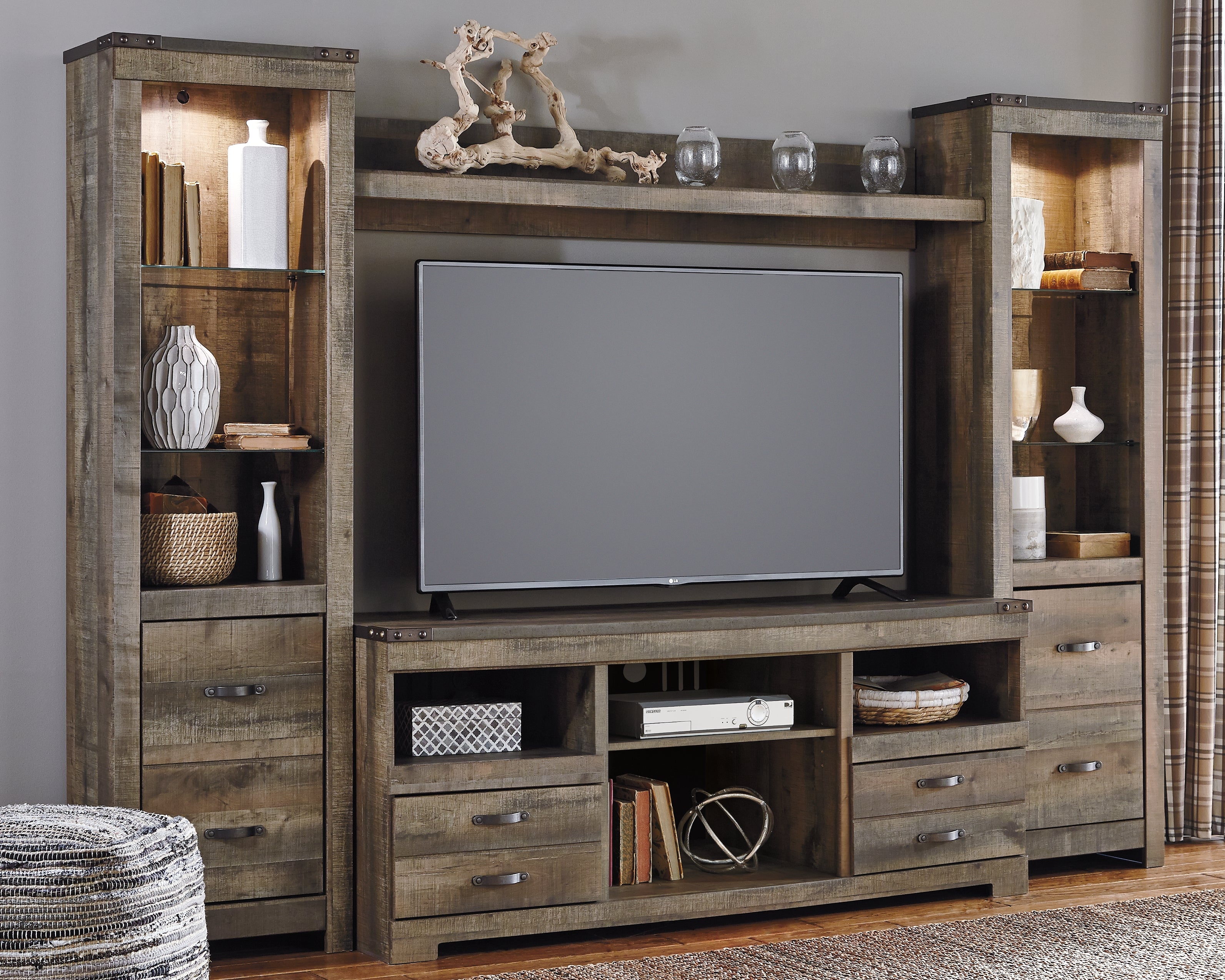 Leasing Furniture - Ashley Furniture - Trinell Entertainment Center - 4-Piece Entertainment Center / Brown - W446W2