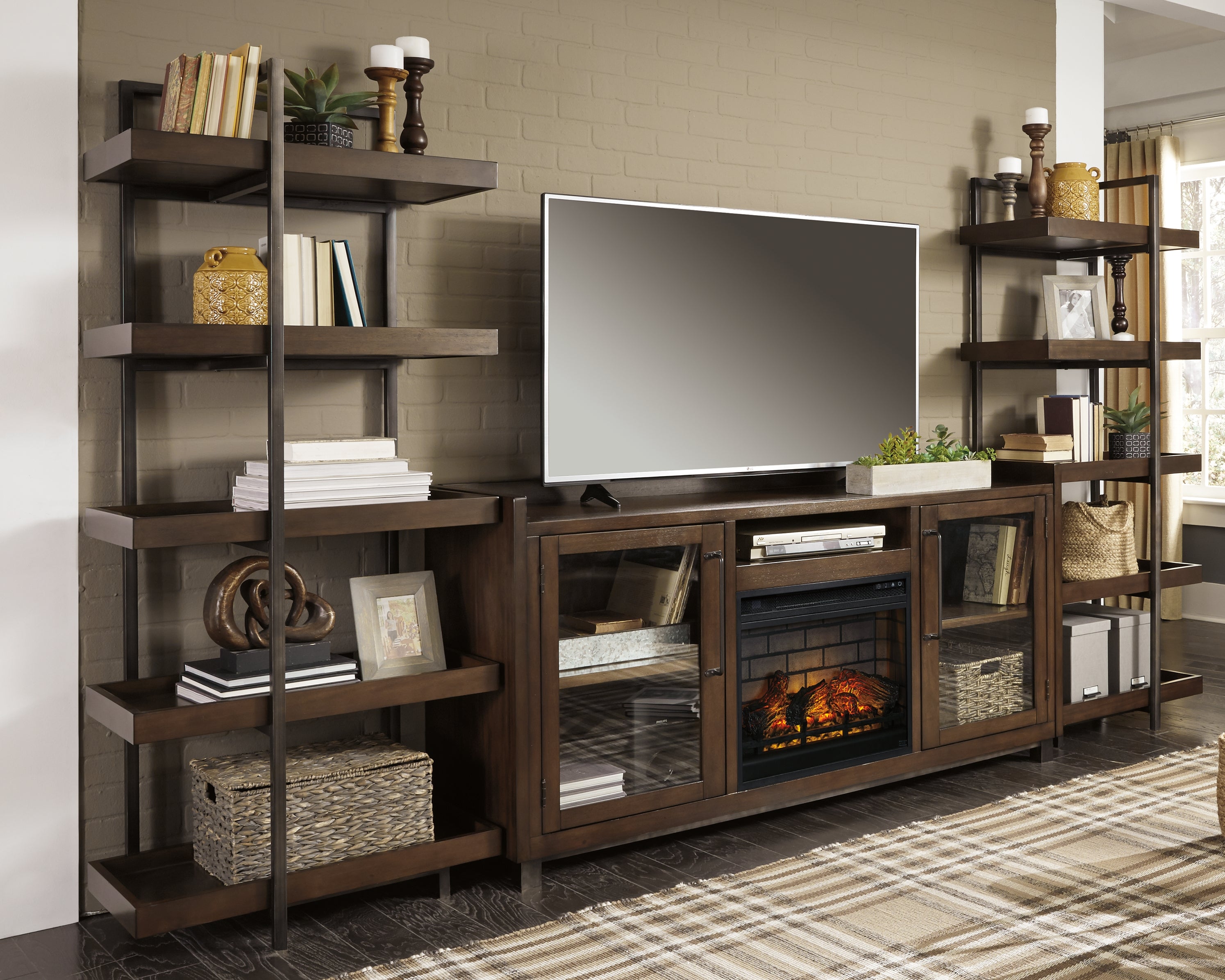 Leasing Furniture - Ashley Furniture - Starmore 3-Piece Wall Unit with Electric Fireplace - 3-Piece Wall Unit with Electric Fireplace / Brown/Gunmetal - W633W6