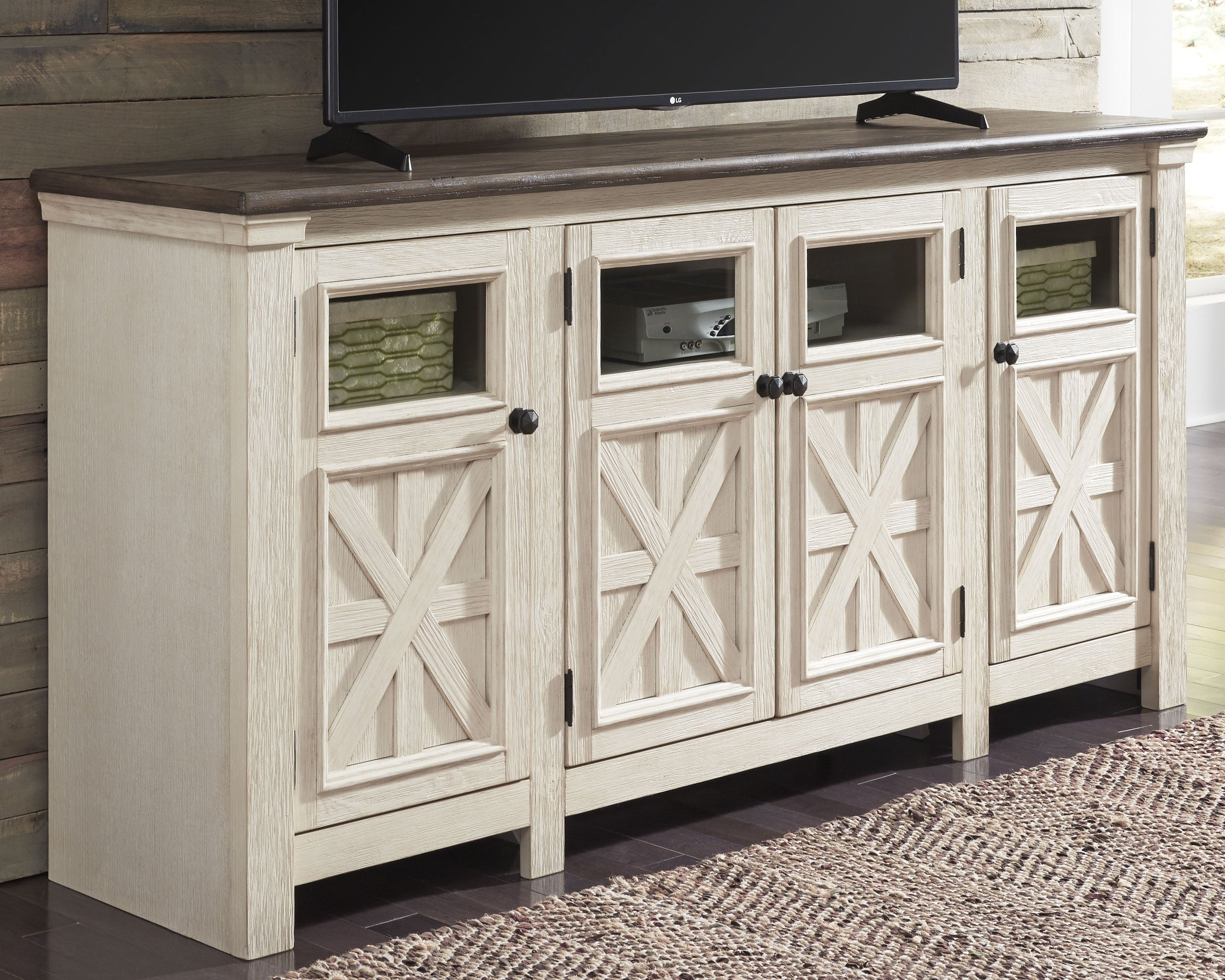 Leasing Furniture - Ashley Furniture - Bolanburg 74" TV Stand - 74" / White/Weathered Gray - W647-60