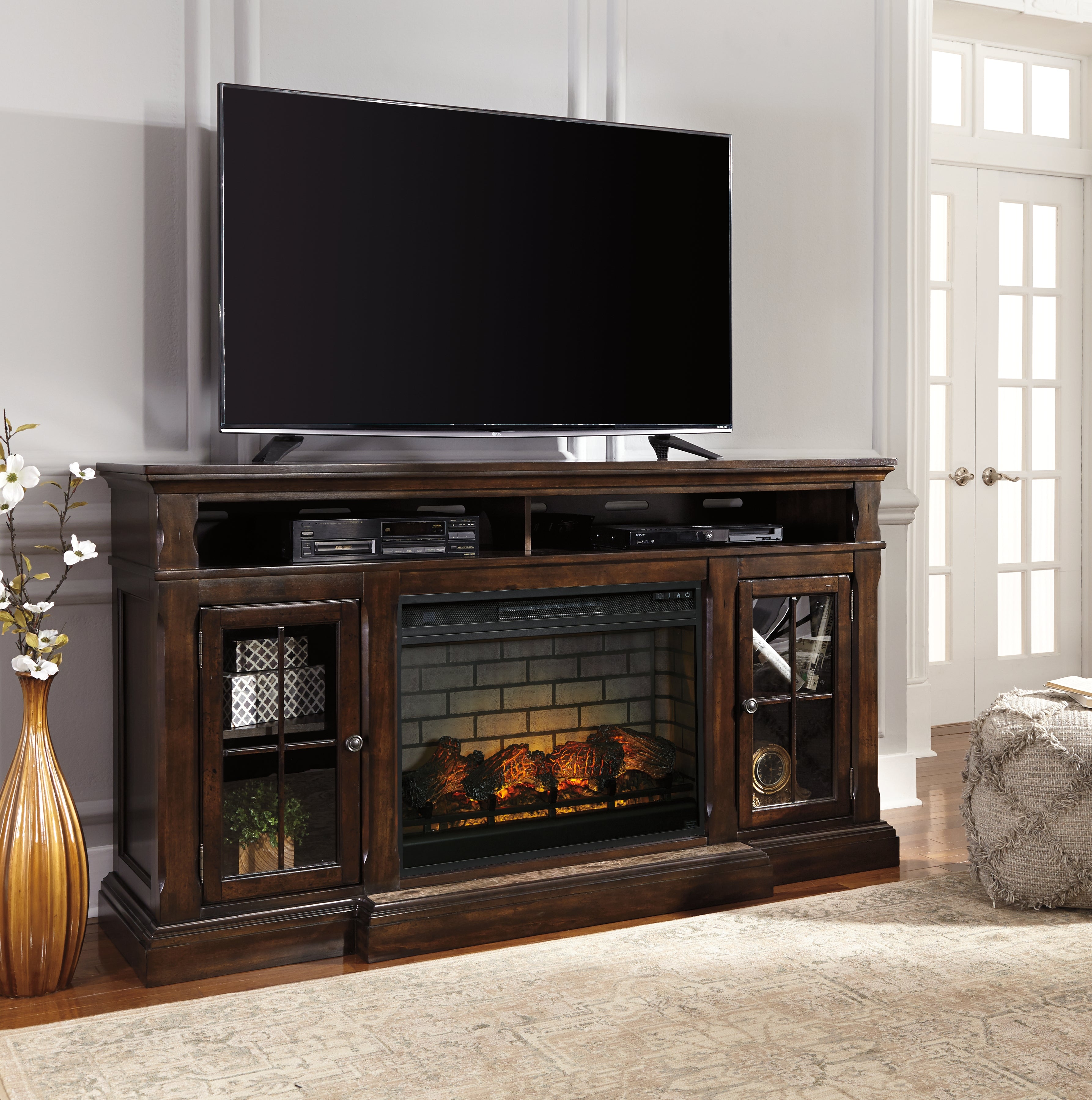Leasing Furniture - Ashley Furniture - Roddinton 72" TV Stand with Electric Fireplace - 72" TV Stand with Electric Fireplace / Dark Brown - W701W8