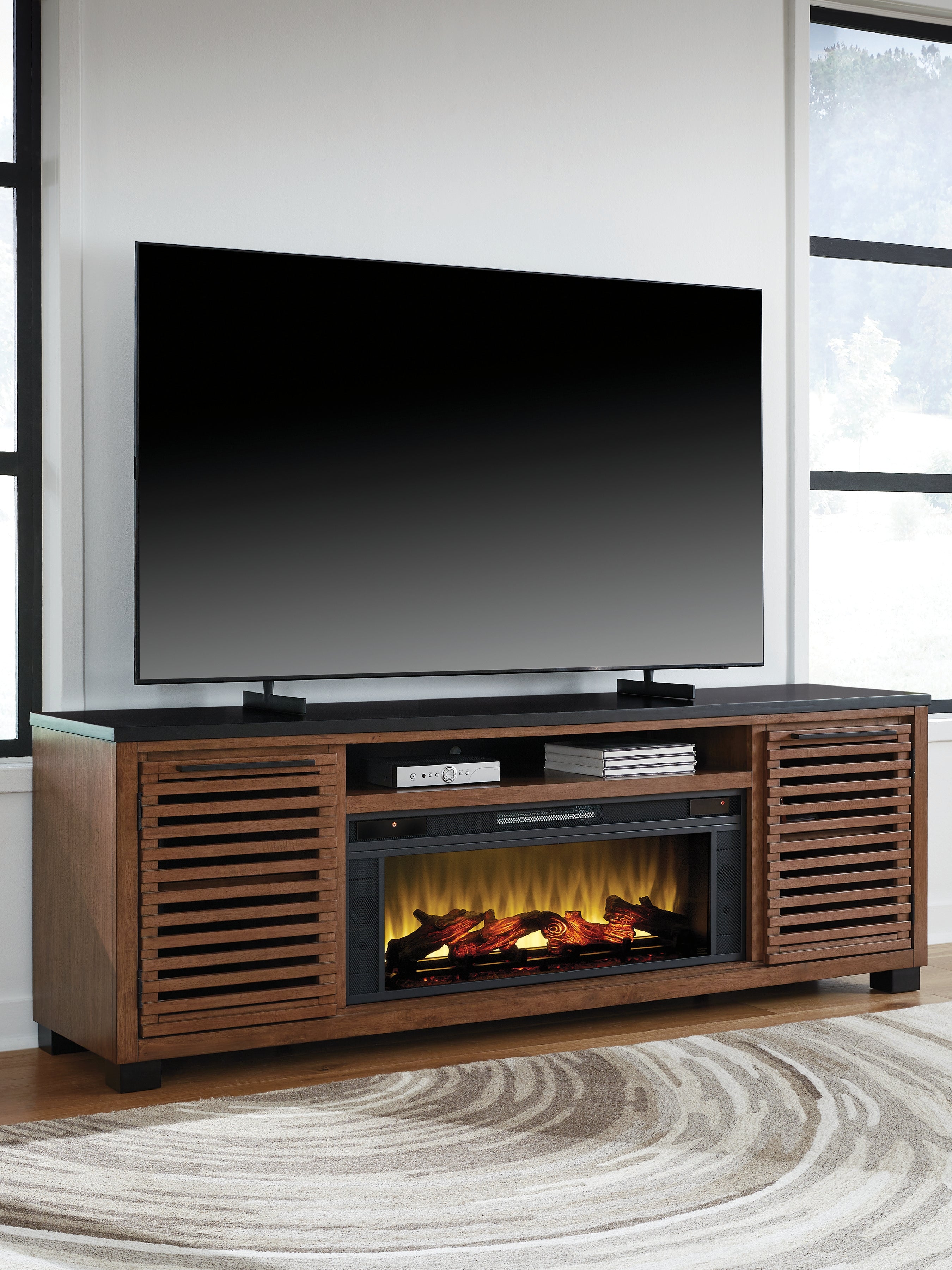 Leasing Furniture - Ashley Furniture - Kallari 84" TV Stand with Electric Fireplace - 84" TV Stand with Electric Fireplace / Warm Brown/Black - W737W1