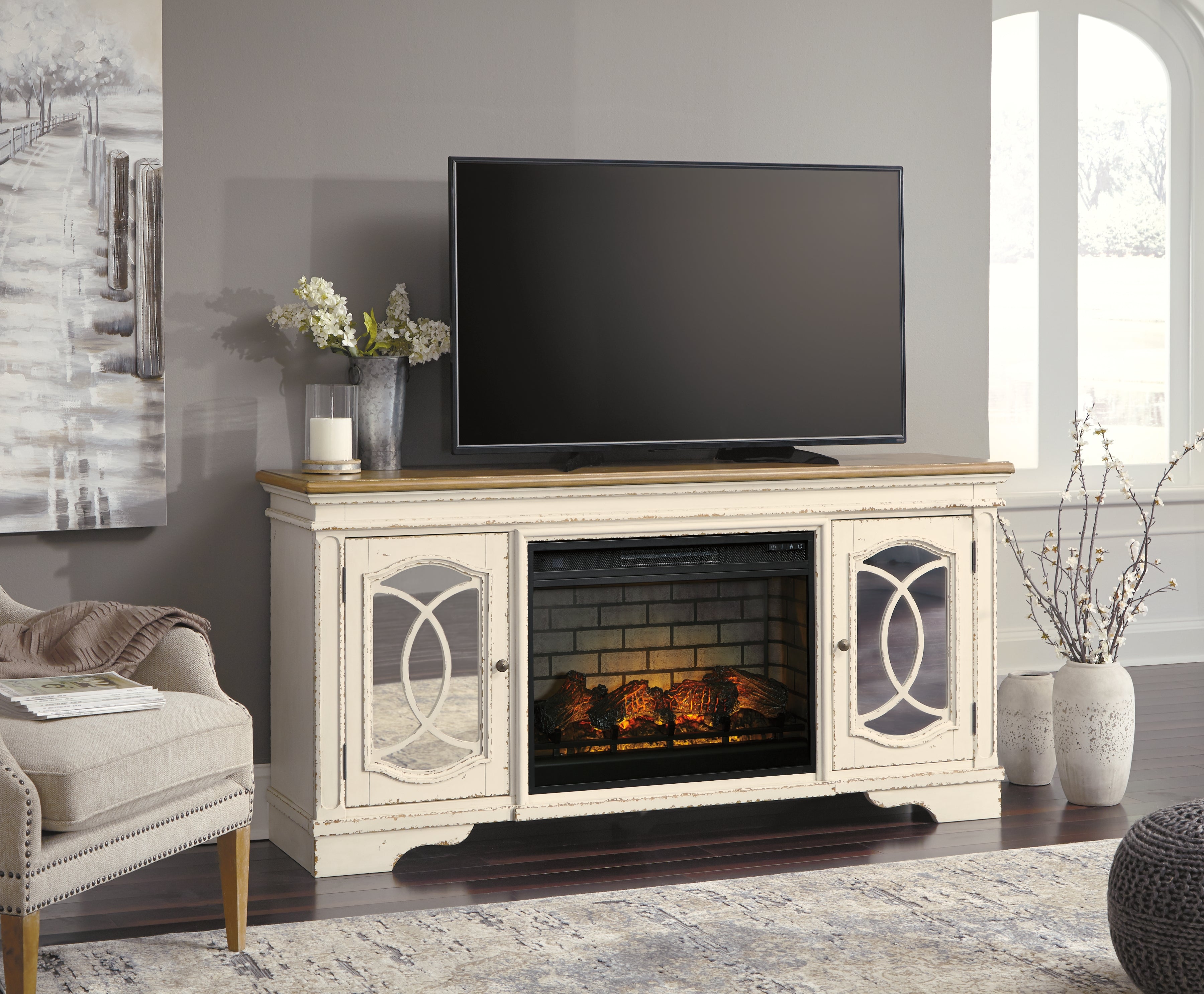 Leasing Furniture - Ashley Furniture - Realyn 74" TV Stand with Electric Fireplace - 74" TV Stand with Electric Fireplace / Chipped White - W743W2
