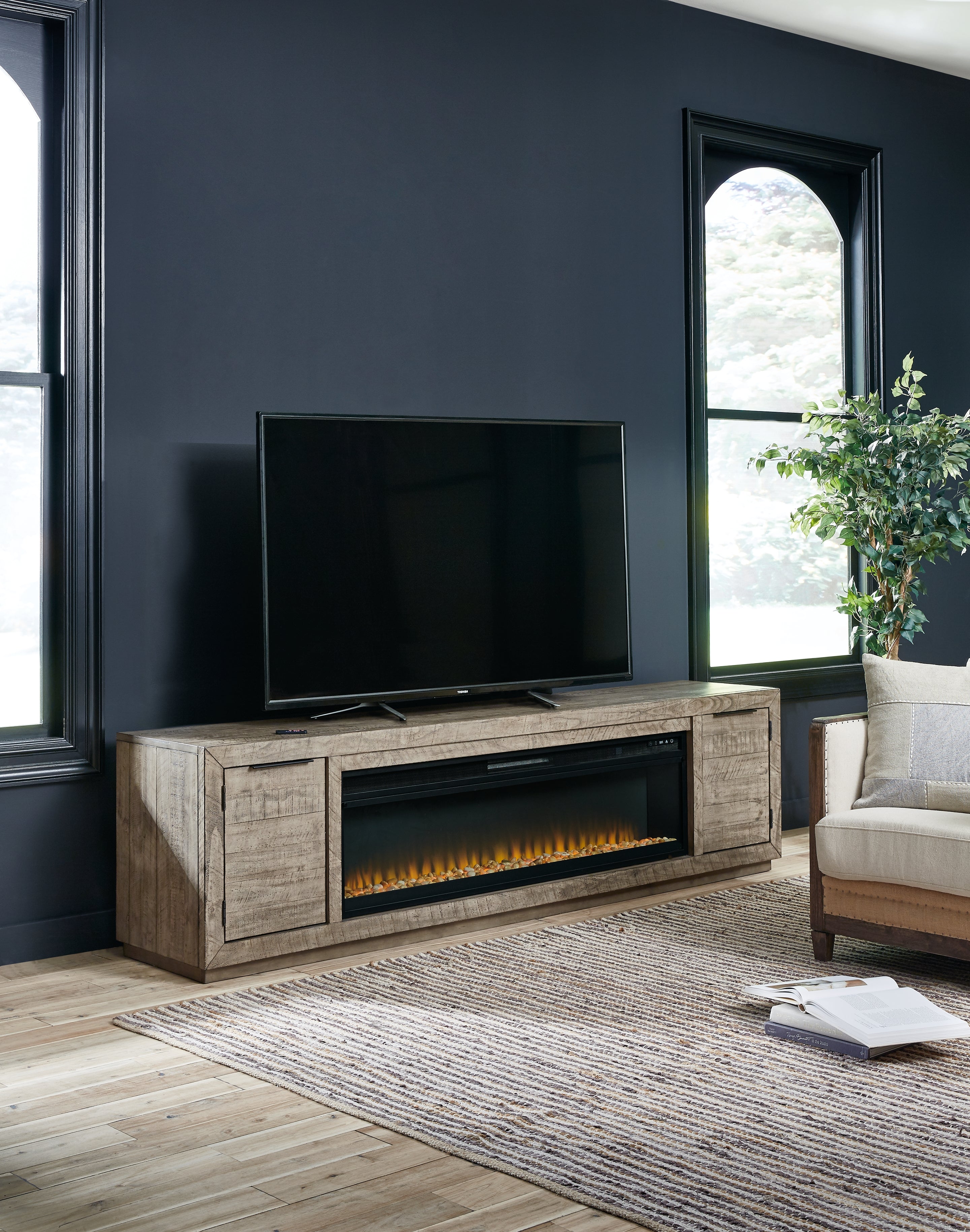 Leasing Furniture - Ashley Furniture - Krystanza TV Stand with Electric Fireplace - TV Stand with Electric Fireplace / Weathered Gray - W760W1