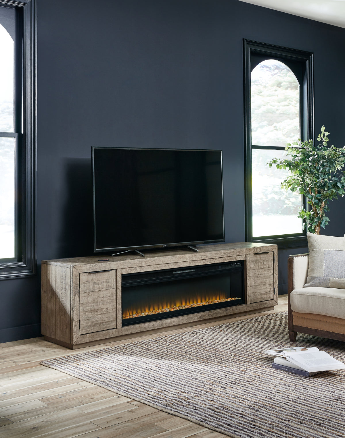 Leasing Furniture - Ashley Furniture - Krystanza TV Stand with Electric Fireplace - TV Stand with Electric Fireplace / Weathered Gray - W760W1