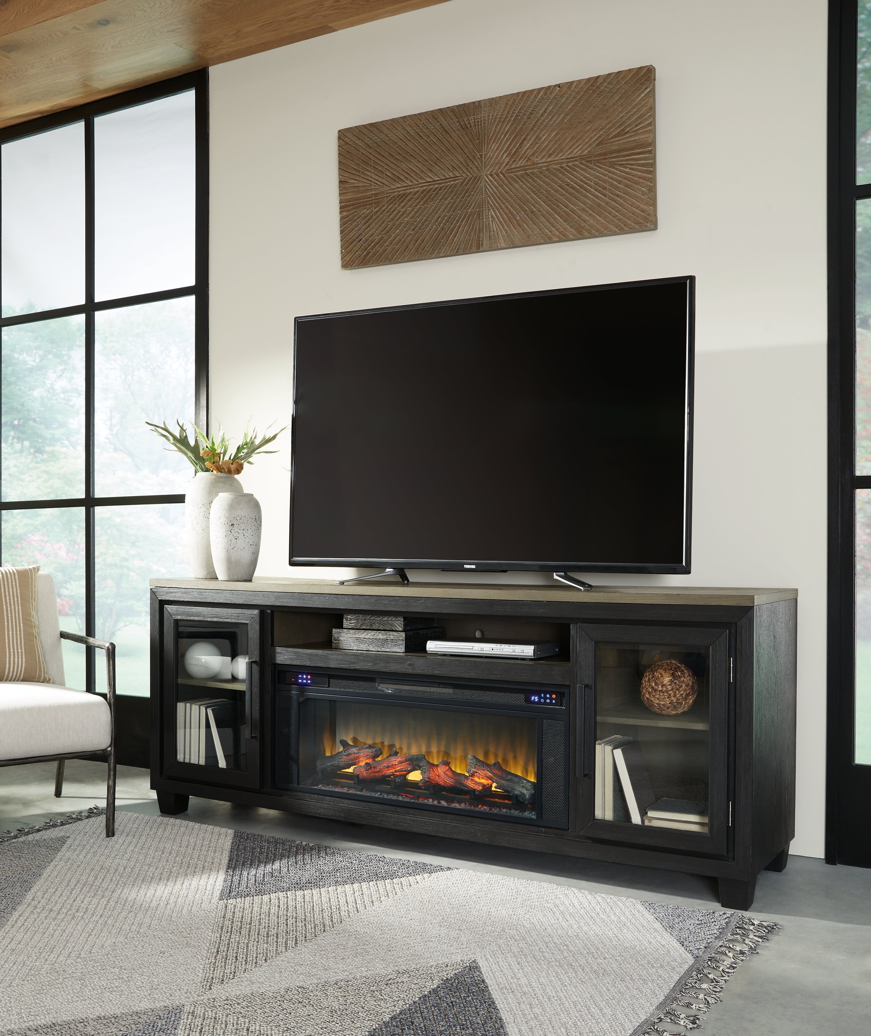 Leasing Furniture - Ashley Furniture - Foyland 83" TV Stand with Electric Fireplace - 83" TV Stand with Electric Fireplace / Black/Brown - W989W1